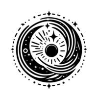 Celestial Monochrome Intricate Sun, Moon, and Star Alignment Within a Circular, Whimsical Border. vector