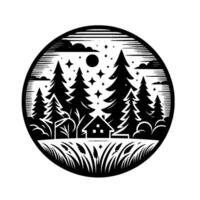 Black and white circular illustration of a cabin in a forest under a starry night, with tall pine trees and stylized grass. vector