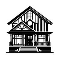 Geometric Black and White Architectural Illustration of a Modern TwoStory House with Geometric Details and a Porch. vector