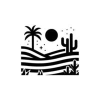 Minimalist black and white desert scene featuring a palm tree, cactus, sun, and stylized landscape with aesthetic. vector