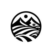 Minimalist black and white circular depicting mountain peaks, terraced fields, sun, and a palm tree. vector
