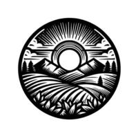 Circular black and white of a stylized landscape featuring a rising sun over rolling fields, mountains, and trees. vector