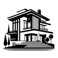 A Modern, TwoStory Architectural Illustration of a Sleek House with Flat Roofs, Balconies, and Geometric Landscape Design. vector