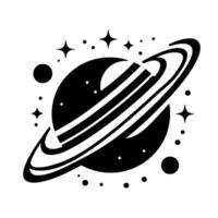 A stylized minimalist illustration depicting a black planet with rings and surrounding stars and cosmic debris on a stark white background. vector