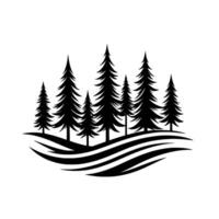 Stylized Black and White Forest Illustration Depicting Evergreen Trees on Rolling Hills, Suitable for Logos or Elements. vector