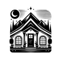 Serene Black and White Illustration of a Mountain Home Under Crescent Moon and Stars, with Stylized Elements vector