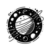 Circular, Stylized Black White Celestial Illustration Planet, Stars, Moons, and Ringed Orbitals in a Cosmos vector