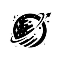 illustration of a stylized planet with rings, a rocket ship, and stars, presented in a black and white minimalist design. vector