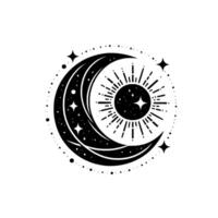 Celestial Black White Composition Crescent Moon Enveloping a Bursting Sun, Surrounded by Stars and Dots. vector