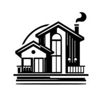 Black and white geometric illustration of a modern twostory house with a balcony, arched window, chimney, and a stylized curved element, all in a clean, architectural style. vector