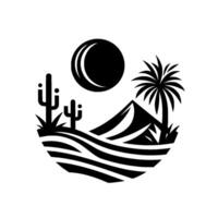 Stylized black and white desert scene depicting a mountain range, sunmoon, cacti, and palm tree in a circular composition. vector
