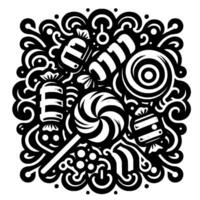 Whimsical monochrome illustration Swirls of decorative curls surround an assortment of stylized candies, lollipops, and wrapped sweets in a playful, artistic design. vector