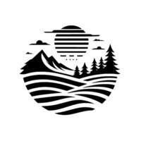 Stylized monochrome landscape illustration enclosed in a circle, featuring mountains, stylized sun, fir trees, and rolling hills with clouds. vector