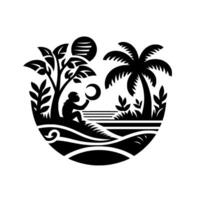 Black and white stylized tropical island scene featuring a monkey contemplating a crescent moon near the ocean, under a setting sun. vector