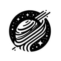 Black and white minimalist illustration of a striped planet surrounded by stars and streaks within a circular frame, creating a cosmic aesthetic. vector
