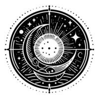 Intricate Celestial Mandala Sun, Moon, and Stars in a Symmetrical Black and White Design, Representing Cosmic Harmony. vector