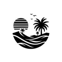 Minimalist black and white circular depicting a tropical island scene with a striped sun, palm trees, rolling hills, and flying birds. vector