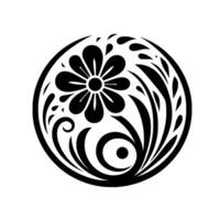 Black and white floral inside a circle frame, featuring a stylized flower, stems, leaves, and swirls. vector