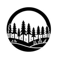 Black and White Illustration of a Forest Scene Enclosed in a Circular Frame, Featuring Pine Trees and Foliage. vector