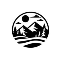 Monochromatic Circle Emblem Depicting a Mountainous Landscape with Sun, Clouds, and Pine Trees vector