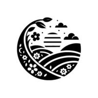 Stylized Black White Illustration A Circular Landscape with Fields, Flowers, Sun, and Clouds in a serene and symmetrical composition. vector