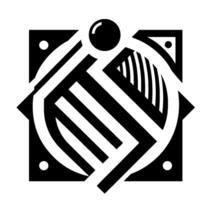 Geometric Abstract Composition Bold Black and White Featuring Interlocking Shapes, Circular Element, and Square Framework. vector