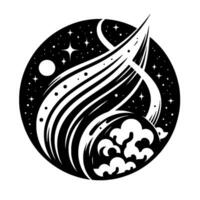 Celestial Abstract Black White Circle with Flowing Lines, Clouds, Stars, and a Moon, Evoking Cosmic Movement and Harmony. vector