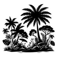 Silhouette Jungle Scene with Palm Trees and Lush Foliage on a White Background, Depicting a Tropical Landscape in Monochrome vector