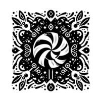Intricate Black and White Mandala Featuring a Swirling Lollipop Centerpiece Adorned with Ornate, Symmetrical Floral and Geometric Patterns. vector