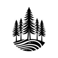 Black and White Silhouetted Forest Scene Coniferous Trees on a Striped, Rounded Hill, Minimalist Design. vector