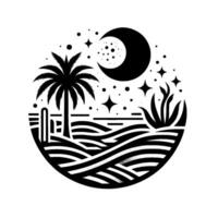 Black and white minimalist tropical night scene enclosed in a circle, with a palm tree, ocean waves, stars, and crescent moon. vector