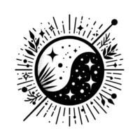 Celestial Yin Yang Intricate Black White Design, Cosmic Harmony with Starry Sky and Botanical Elements. vector