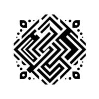 Geometric Black and White Pattern with Labyrinthine Lines, Dots, and Leaf Shapes, Centered on a White Background. vector
