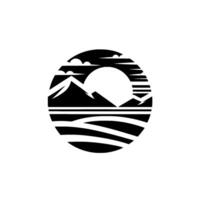 Serene Mountain Landscape Silhouette A minimalist black and white circular featuring a rising sun, mountains, clouds, and fields. vector