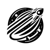 Black and White of Rocket Leaving a Planet, Emitting Streaks, Surrounded by Stars and Moons, Modern Space Illustration. vector