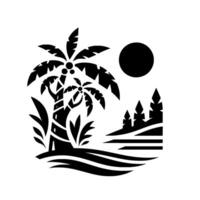 Minimalist Black and White Island Scene Palm trees, sun, and distant fir trees create a serene, coastal composition. vector