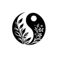 YinYang Symbol with Floral Elements Harmony of Leaves, Branches, Flowers, and Dot Accents in a Monochrome Design. vector