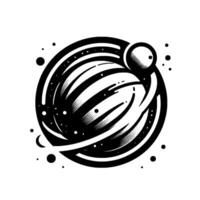 Stylized black and white illustration of a planet with multiple rings, dots, and a large orbiting moon, floating in space. vector