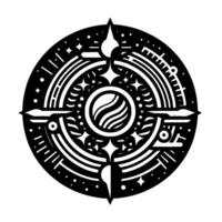 Abstract celestial design, a symmetrical monochrome illustration depicting a starfilled circle with layered geometric and cosmic elements. vector