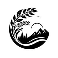 Stylized black and white nature emblem featuring mountains, forests, a sun, and foliage arranged within a circular frame, evoking a sense of harmony and scenic beauty. vector
