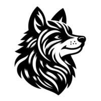 Striking Black and White Illustration of a Smiling Wolf Head, Rendered with a Textured, Wavy Stripe Pattern, and a Clean White Background. vector
