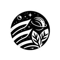 Celestial Garden A black and white circular illustration showcasing a harmonious blend of space elements including stars, planets, and stylized foliage, in a minimalist aesthetic. vector