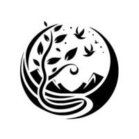Minimalist Black and White Nature Emblem Tree, Birds, Mountains and Water, Encased in a Circle vector