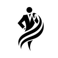 Silhouette of a confident businessman, in a dynamic pose, surrounded by flowing abstract elements, on a minimalist white background. vector