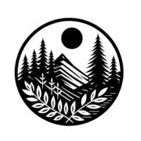 A minimalist black and white circular illustration of a mountain scene framed by a circle with trees, a sun, leaves and lines, evoking a sense of nature and serenity. vector