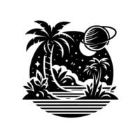 Black and white art depicting a celestial island, with palm trees, a starry sky, and a planet with rings floating over a striped ocean. vector
