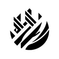 Geometric abstract emblem in grayscale with interweaving stripes, arcs, and triangular shapes, creating a stylized within a circular form. vector