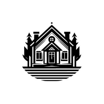 Black and white geometric illustration of a stylized house nestled among trees, resting on a platform of parallel lines. vector