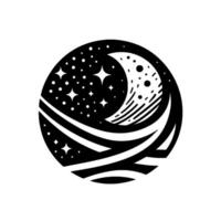 A stylized black and white circular illustration featuring a crescent moon with stars and cosmic waves, evoking a sense of wonder. vector