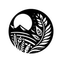 Silhouette of mountain, crops, wheat and foliage circle, under a full moon, in black and white, . vector